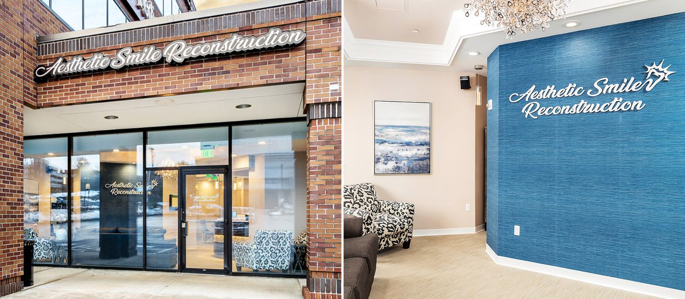 Exterior and signage of Aesthetic Smile Reconstruction at 75 3rd Ave, Waltham, MA, adjacent to The Westin Waltham Boston