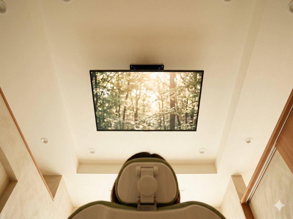 Ceiling screen above the dental chair for patient comfort during sedation dentistry
