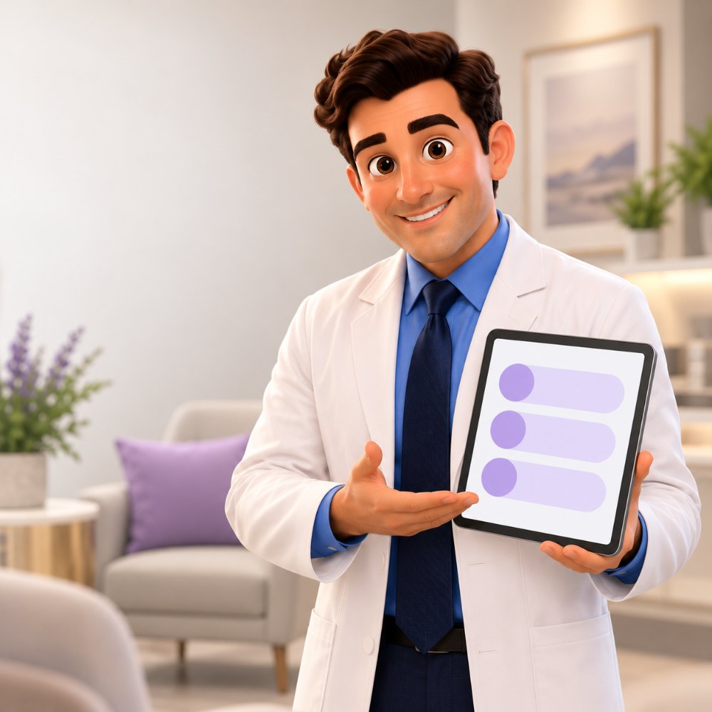 Illustration of Dr. Charles Sutera holding a tablet and explaining a three-step plan
