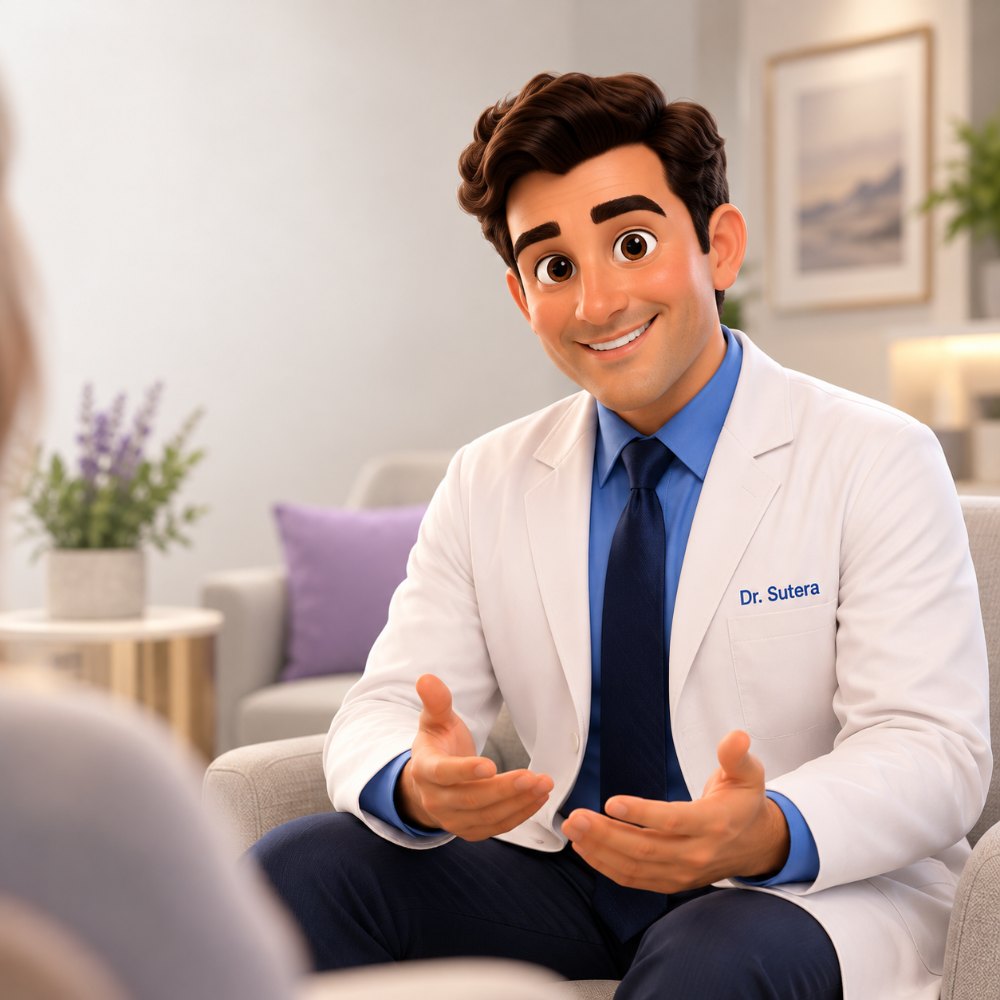 Illustration of Dr. Charles Sutera seated in a calm consultation room, listening